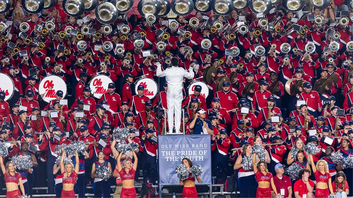 The Ole Miss Marching Band, The Pride of the South, performs from the stands during a home football game at Vaught-Hemingway Stadium.