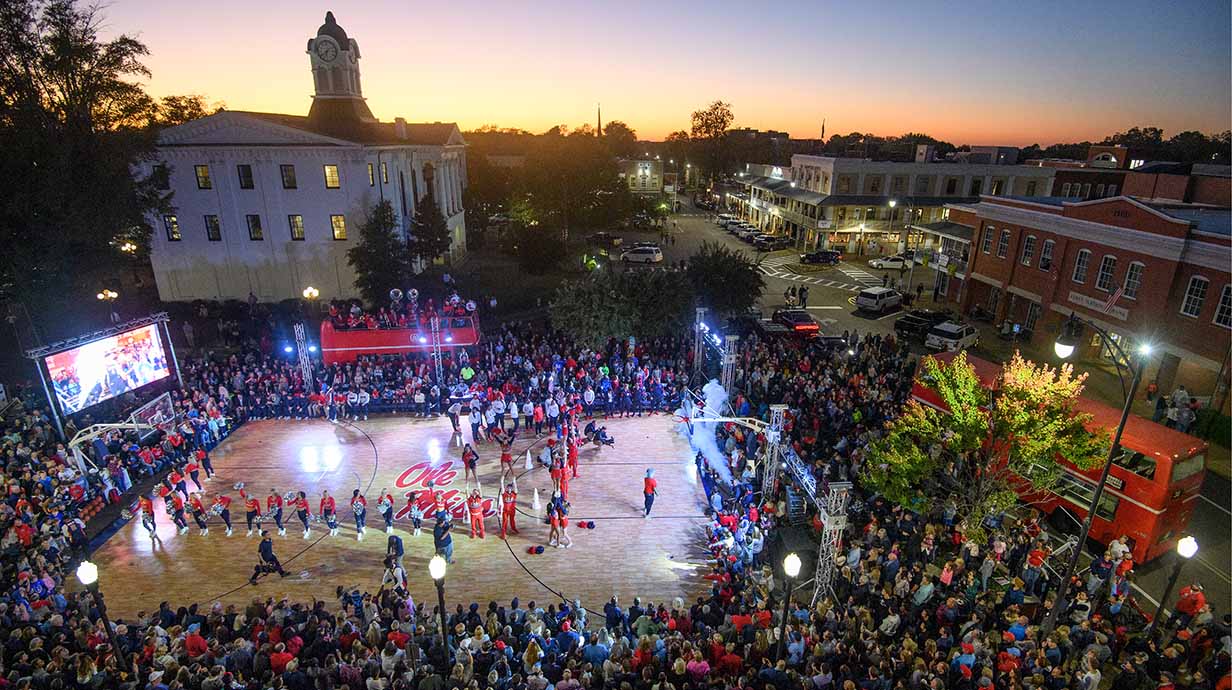 The Ole Miss men's and women's basketball team perform for a large crowd on the Oxford Square during the annual Square Jam season tipoff event.