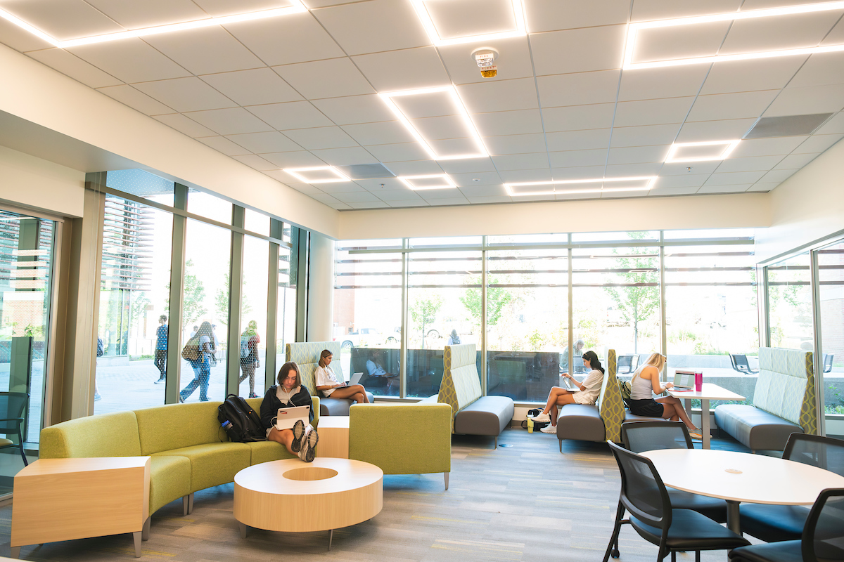 Students studying in the new STEM building. 