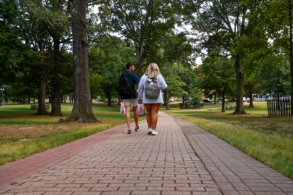 Students walking down the walk of champions. 