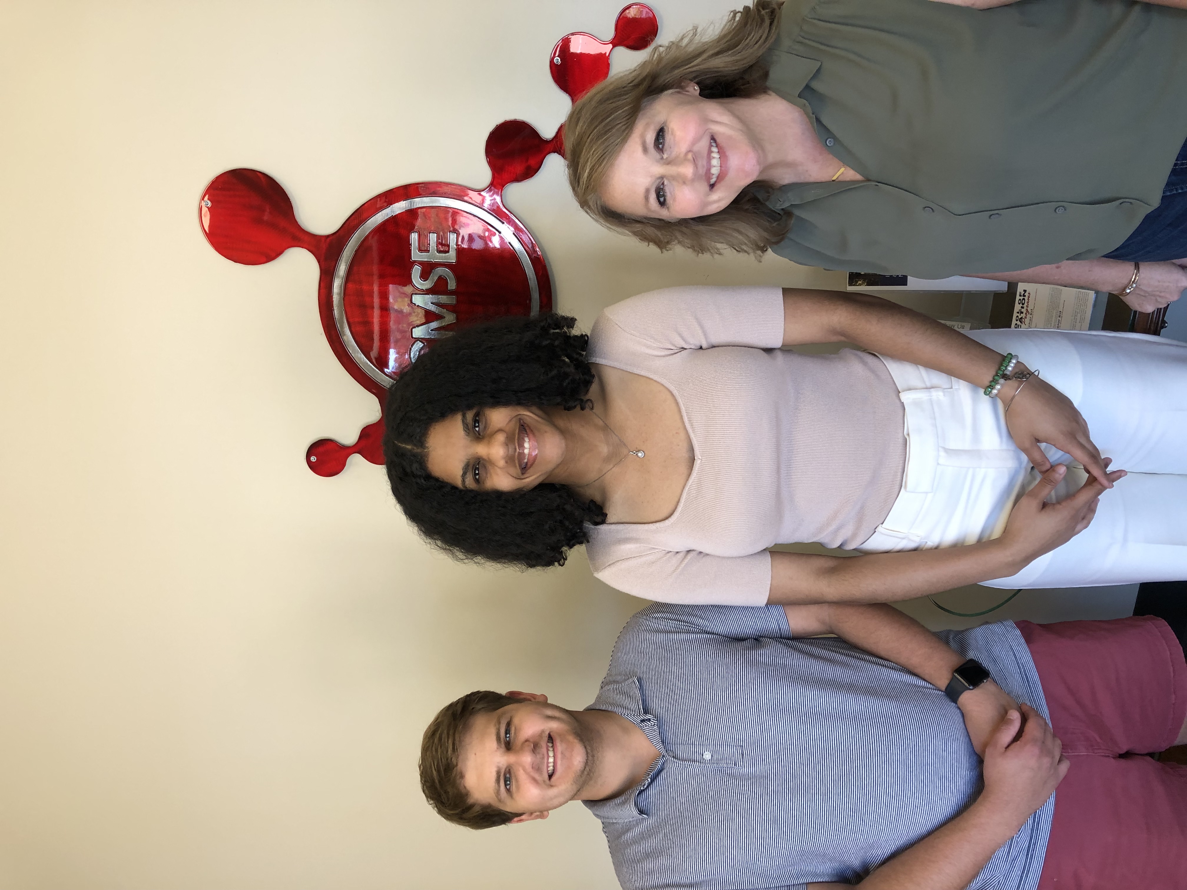 Three students standing in front of the CMSE logo.