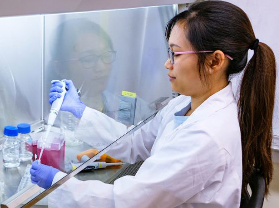 woman operates in a lab