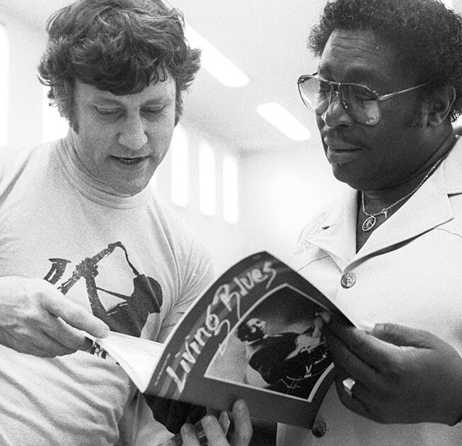 B B King and Bill Ferris read Living Blues Magazine