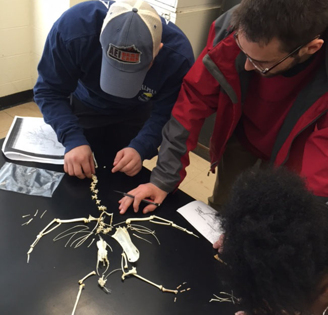 three students studying a deconstructed bird skeleton on a table.