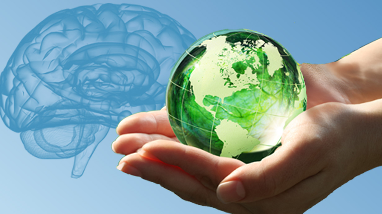 hand holding a green glass globe with a digital blue brain in the background