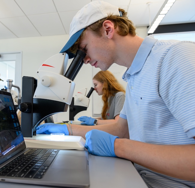 a male student looks through a microscope