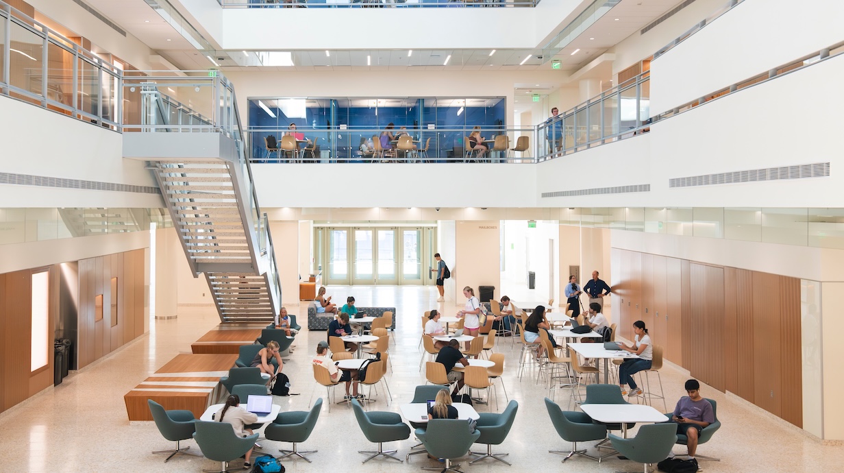 interior of the new DUFF building filling with students studying 