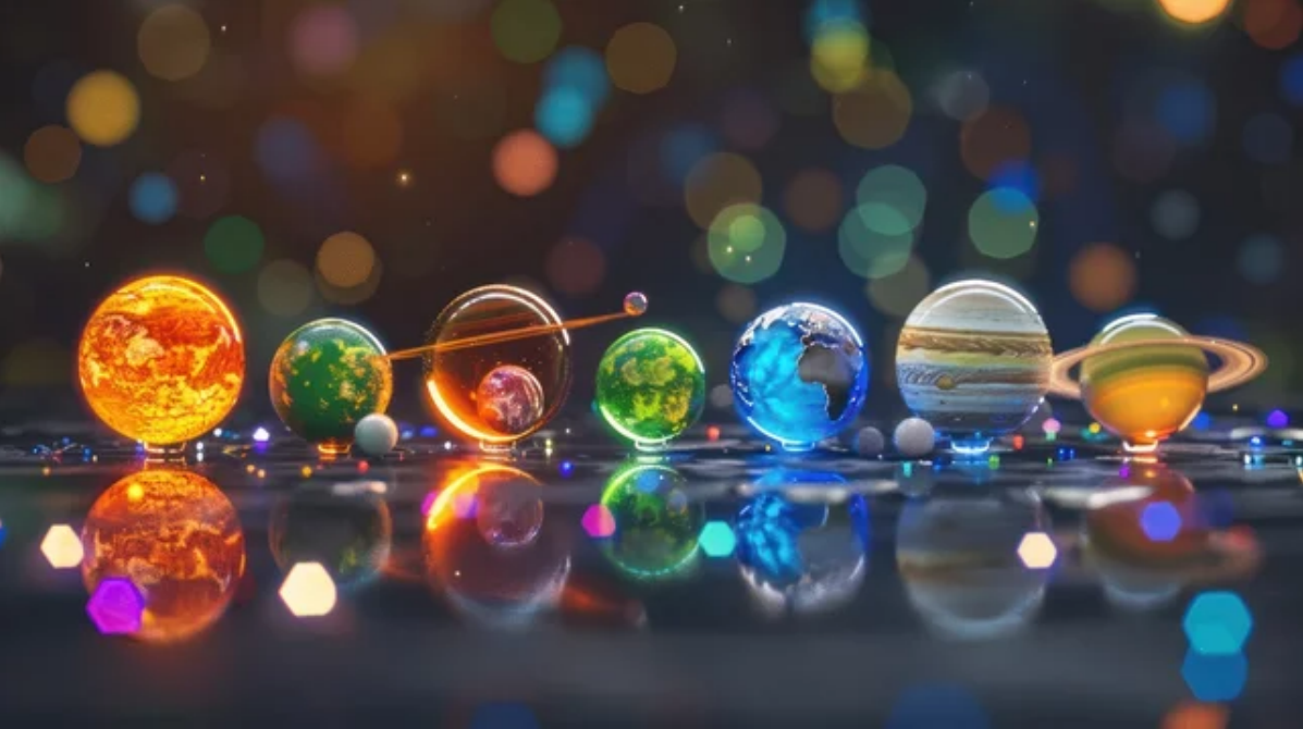 Marbles that look like planets are lined up in a row