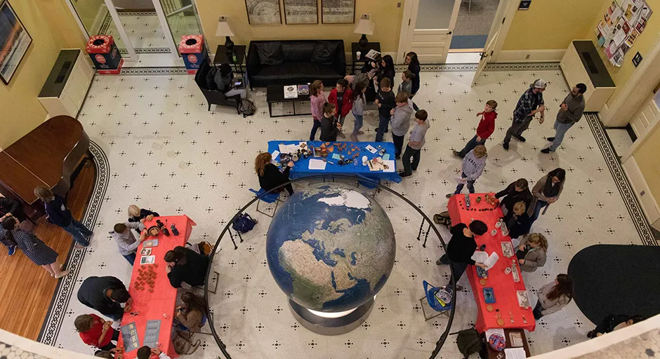 Birds eye view of lobby with reception.