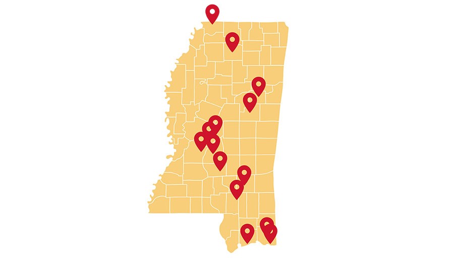 Mississippi map with pins on student home towns