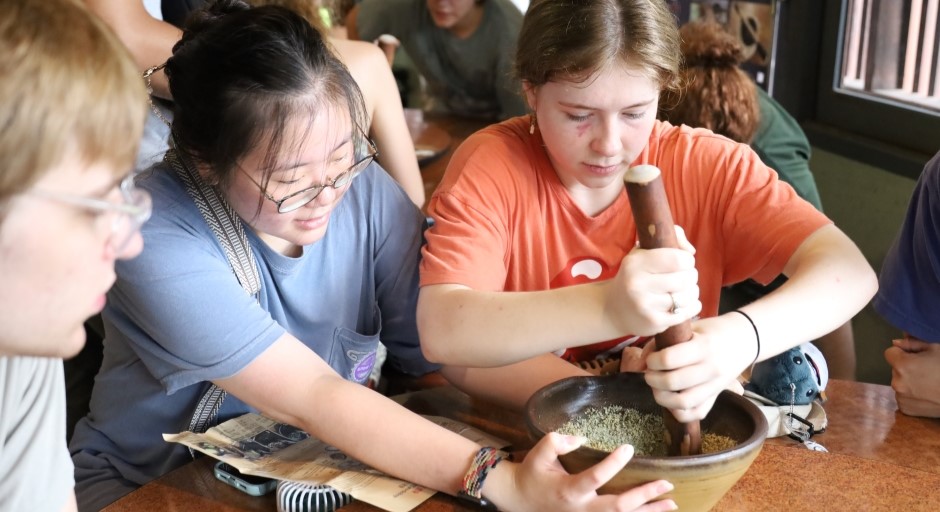 two students grinding tea leaves with a mortar