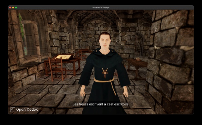 screen capture of a video game with a medieval monk standing in a castle with rock walls