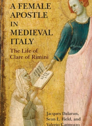 image of a book cover using medieval painting style to show a woman receiving a book from an angel