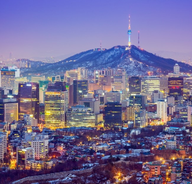 aerial view of Seoul, South Korean city landscape at sunset