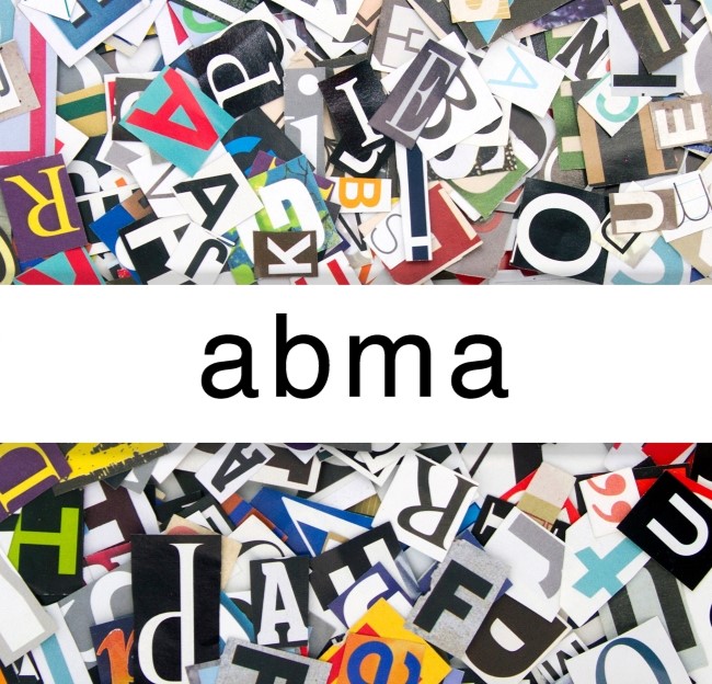 image of a jumble of letters mixed together as a background to a high horizontal stripe in the middle of the image with the letters abma