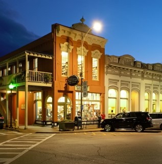 evening photo of Square Books on the Oxford Square