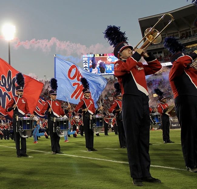 Ole Miss marching band on the field