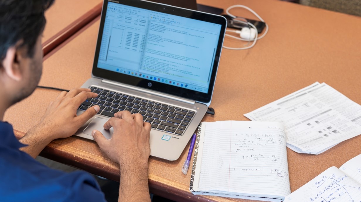 image of a graduate student working at a computer, which shows a statistical program on the screen