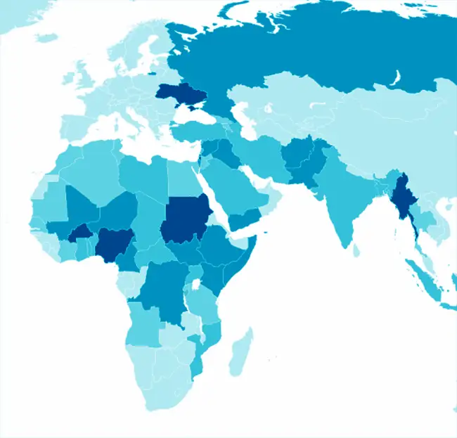 image of world map with some countries indicated by color as having more or less political conflict