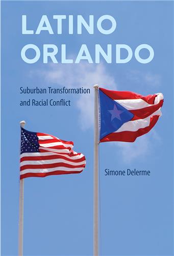 Latino Orlando cover, blue sky with American and Puerto Rican flags on flag poles