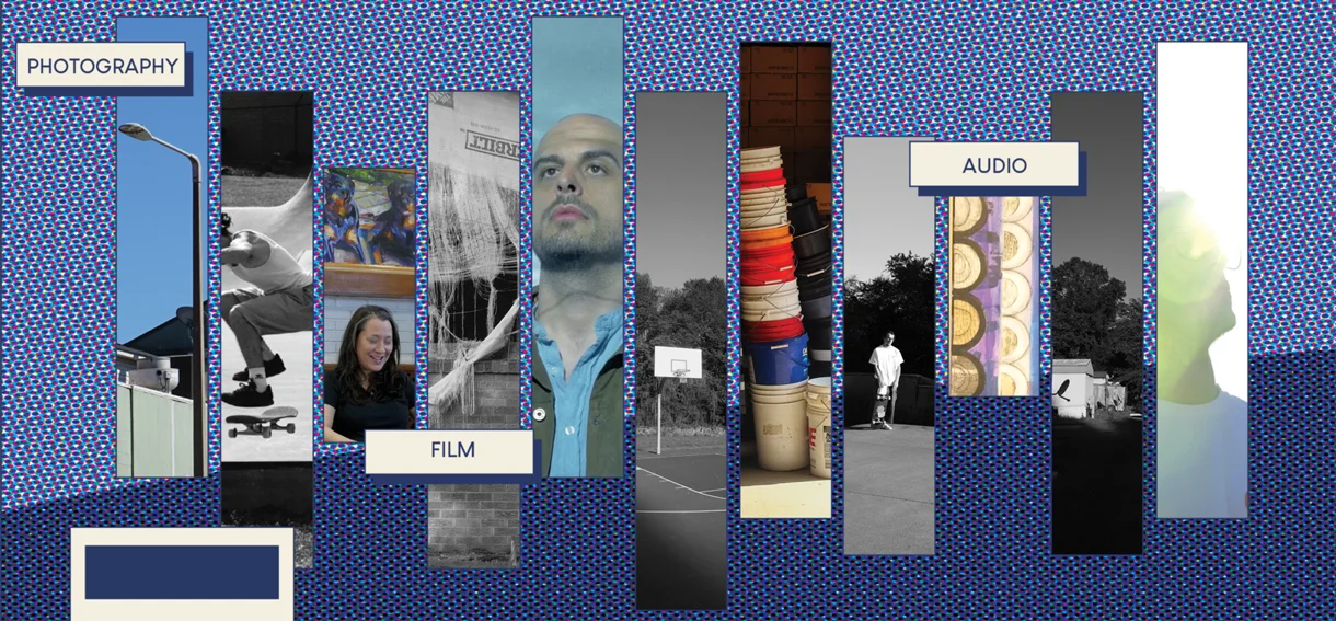Collage of artists portrait; blue comic book style background. Words scattered read, "Photo," "audio," and "film"
