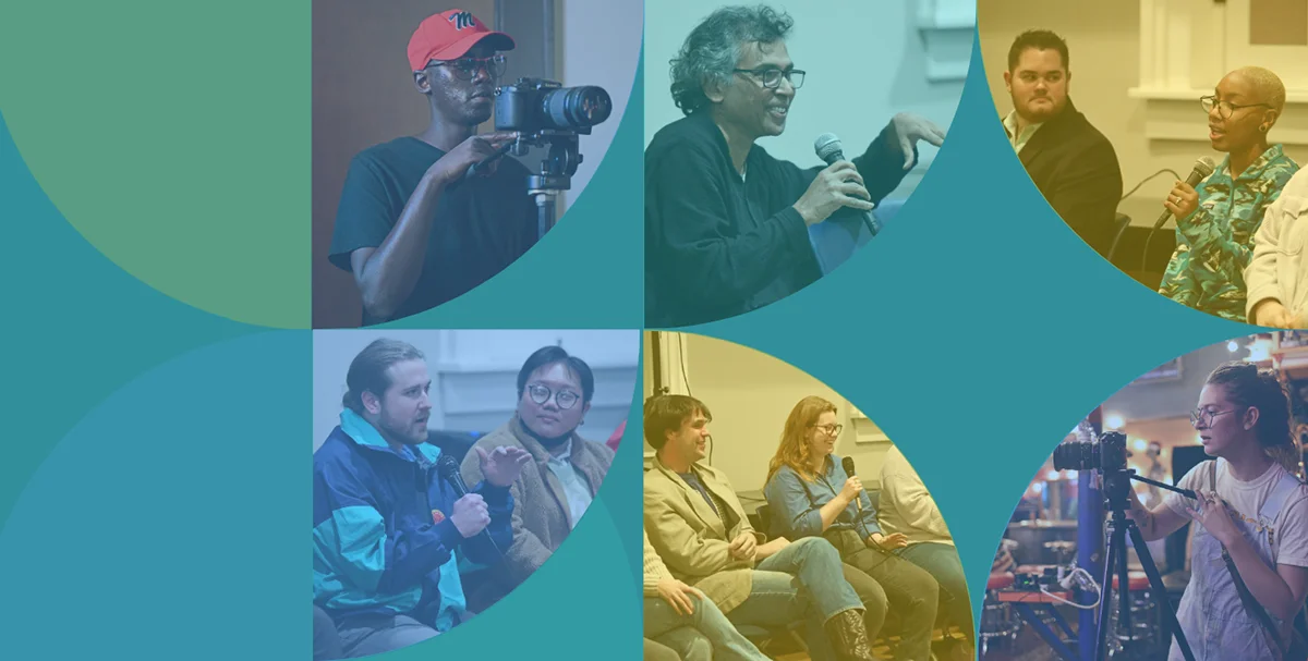 colorful geometric background with photos of students in geometric frames