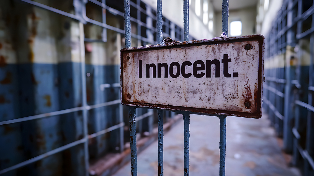 A simple sign reading 'Innocent' hangs on the bars of a jail.