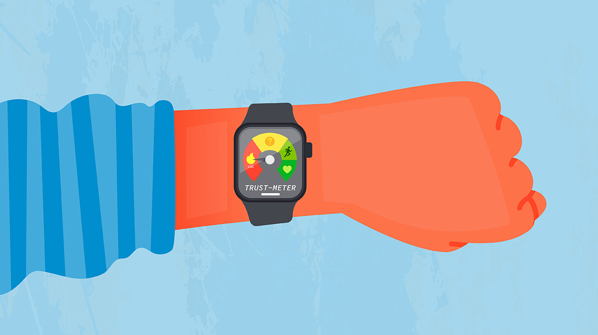 Illustration of an arm wearing a smart watch that displays colorful graphics.