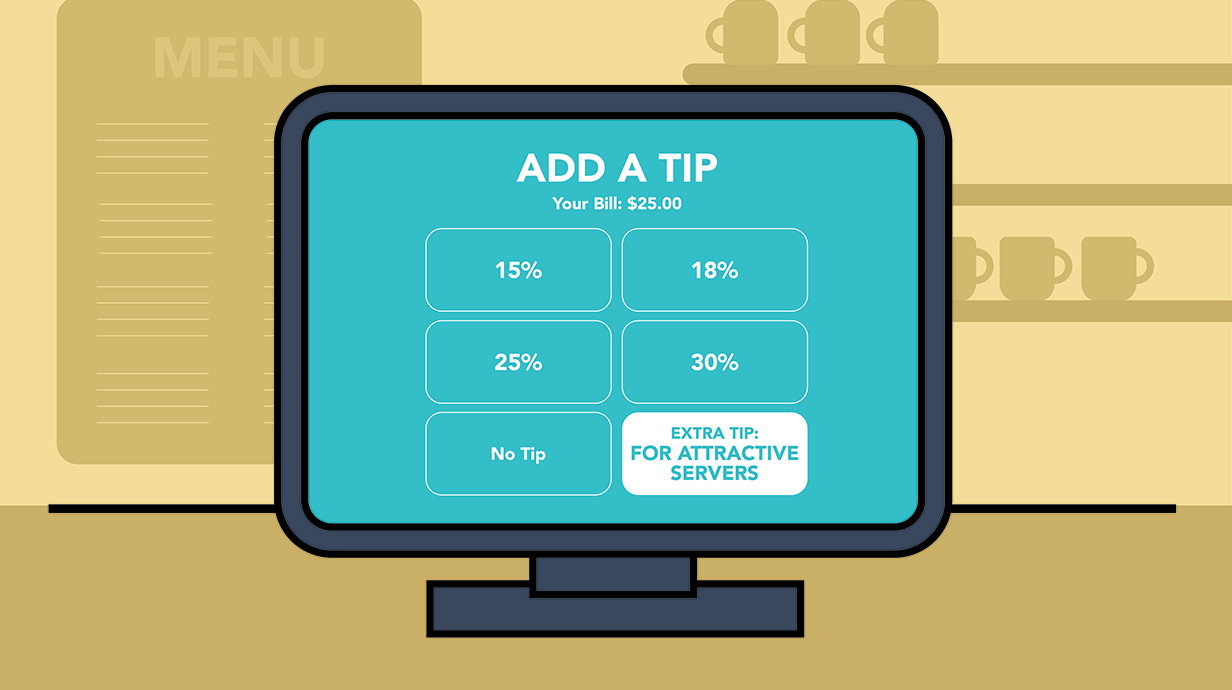 Illustration of a touchscreen system for adding a tip to a bill, with varying percentages suggested and a category to add a custom tip for attractive servers.