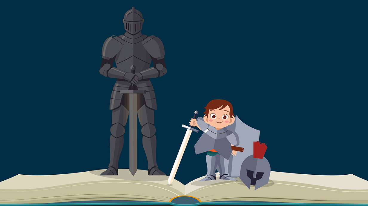 Illustration of a child wearing a suit of armor and sword standing in front of an adult-size suit of armor.