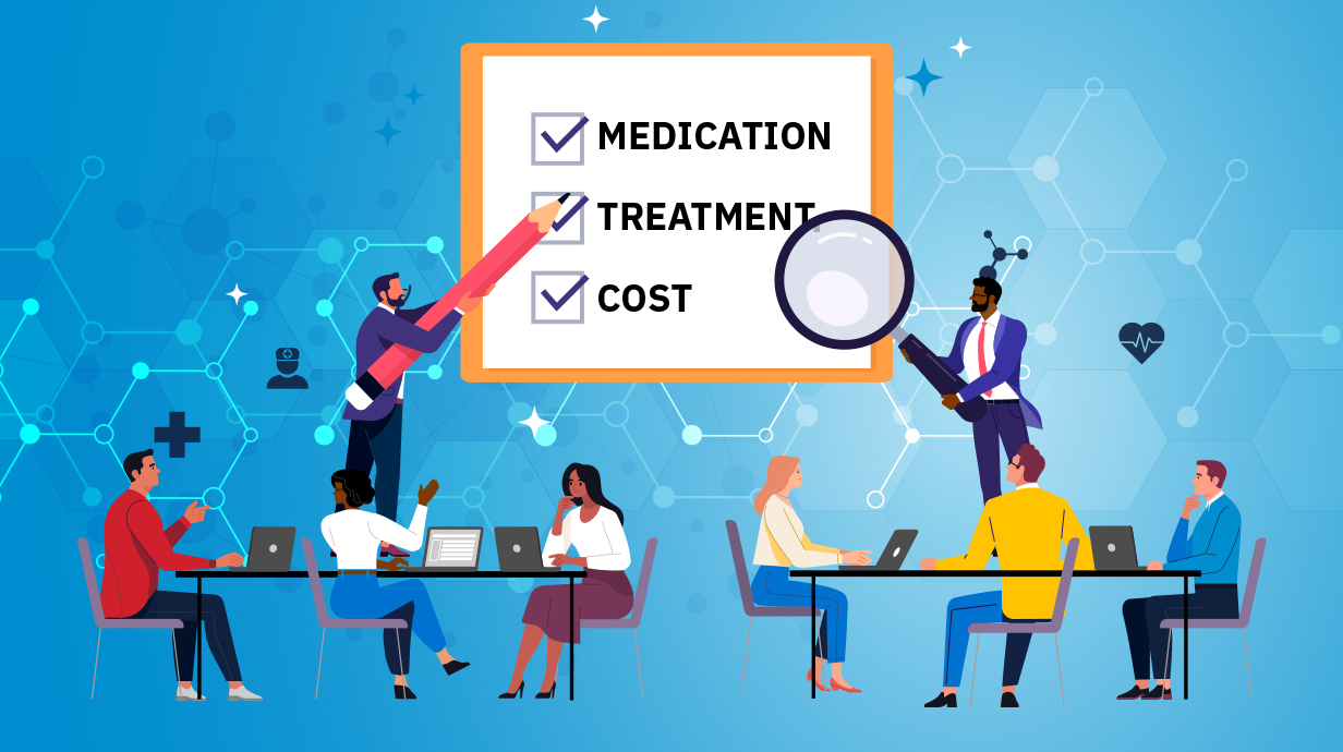 Illustration of people meeting at conference tables with a sign in the background with check boxes for Medication, Treatment and Cost.