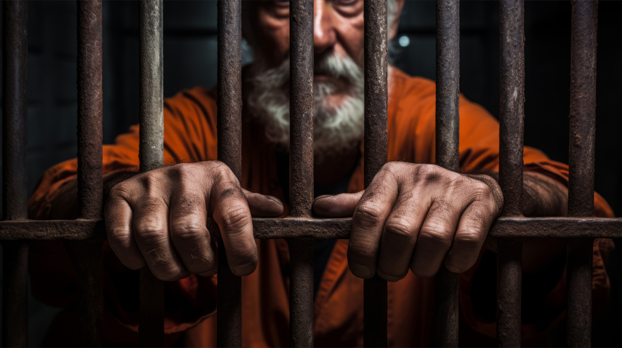 Graphic of an older man wearing prison clothing looking through metal bars.