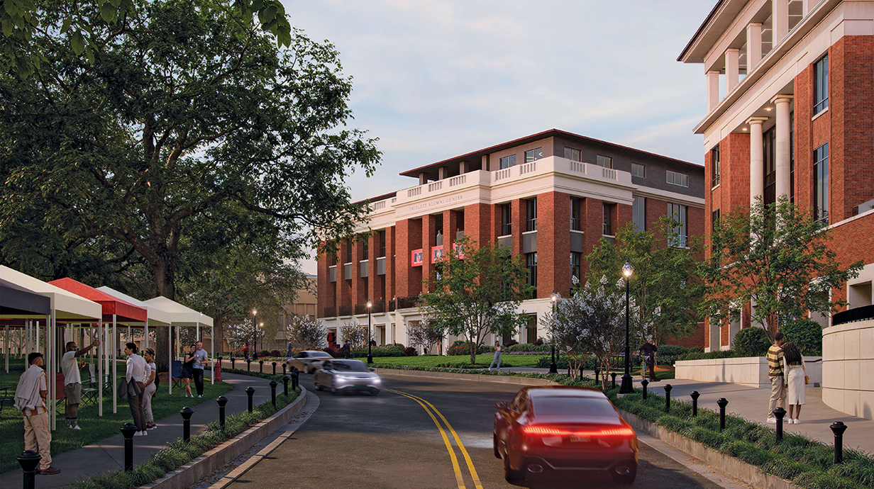 Architectural rendering of a four-story red brick building across teh street from a park where tailgaters are setting up pop-up tents.