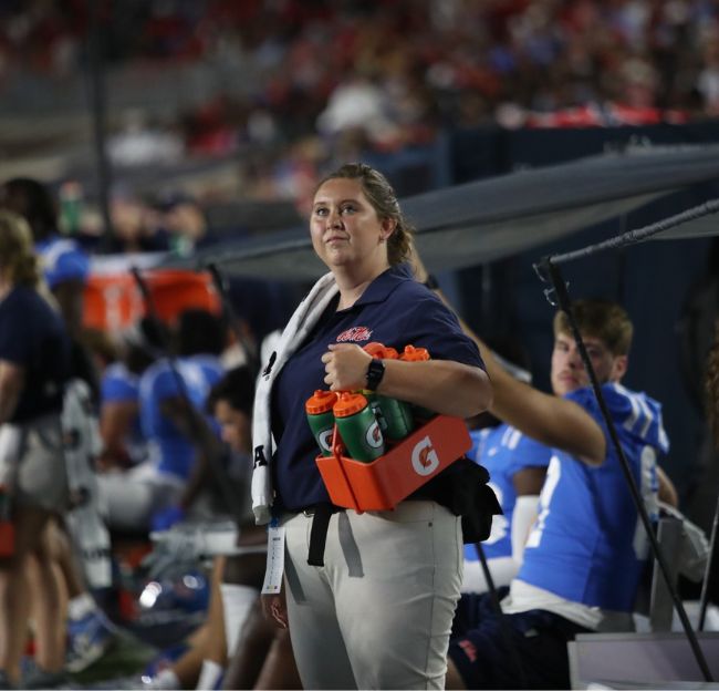 Sarah Martin looks at the scoreboard at Vaught Stadium during UM's historic win against LSU. 