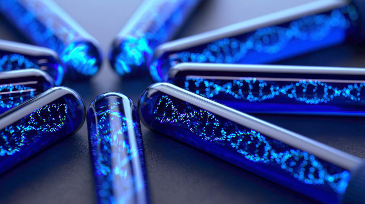 image of test tubes with blue liquid and image of DNA running through it