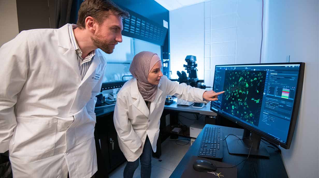 A professor and student look over pharmacology data in the lab.