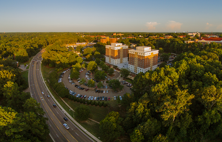 An aerial shot of Jackson Avenue with Stockard Hall and Martin Hall on the right.