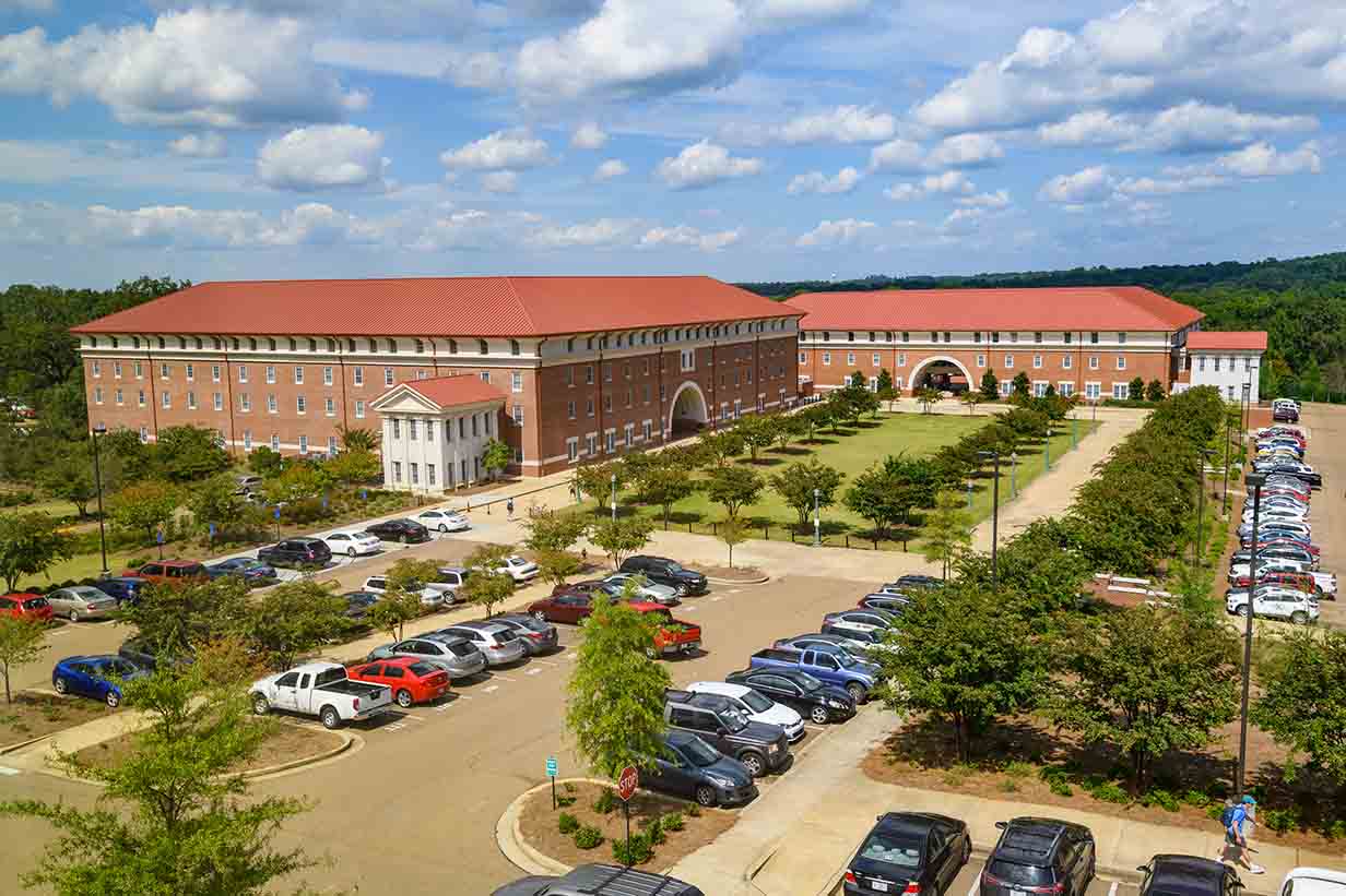 Aerial photo of residential college buildings