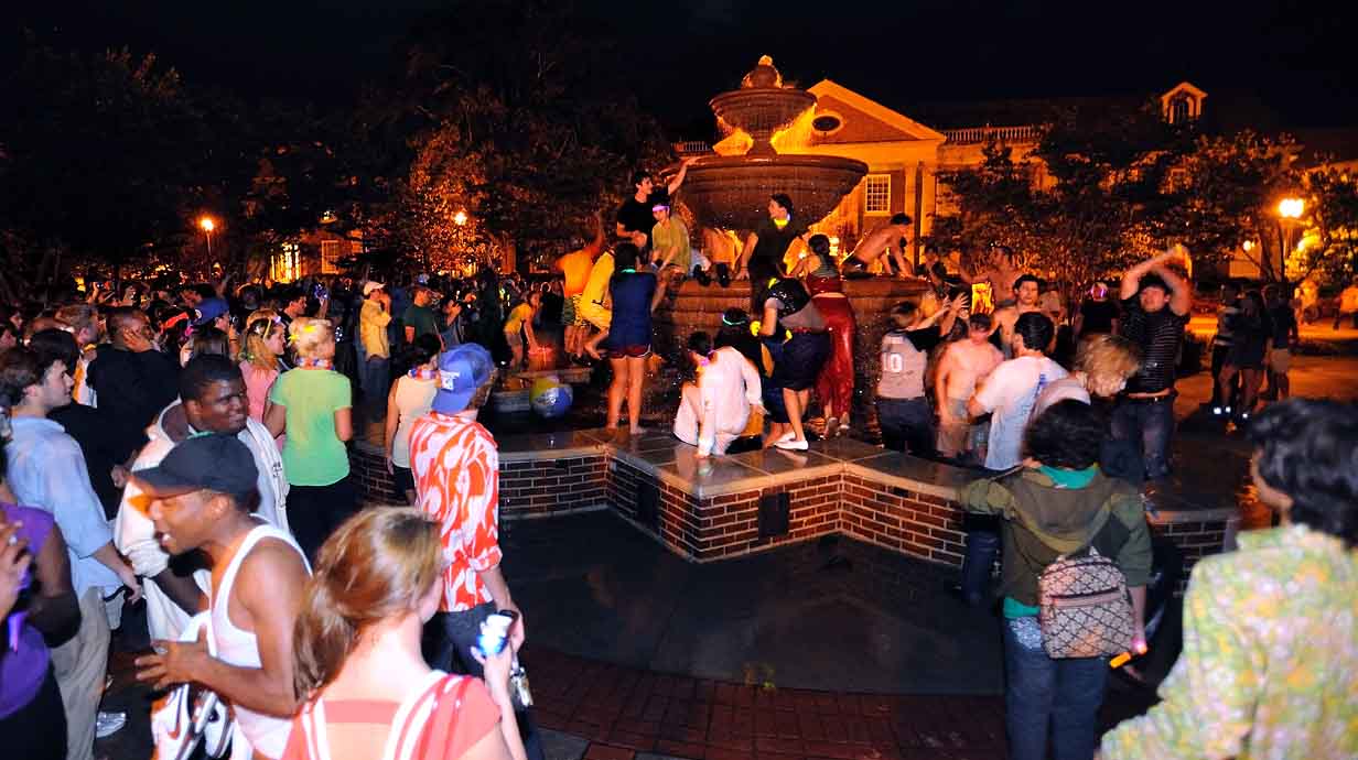 Ole Miss students go for a swim in the fountain after finals.