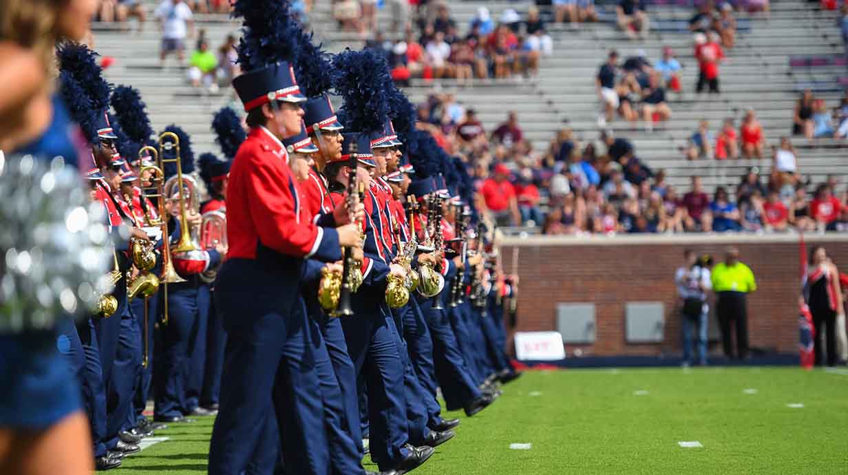 The Pride of the South marching band perform during an Ole Miss Football Halftime show.